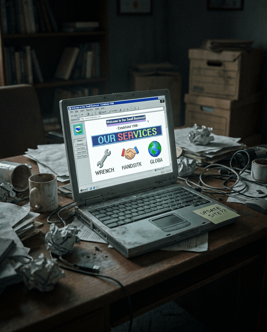 Alter Laptop auf unaufgeräumtem Schreibtisch mit einer veralteten, unübersichtlichen Baukasten-Website aus den späten 90ern